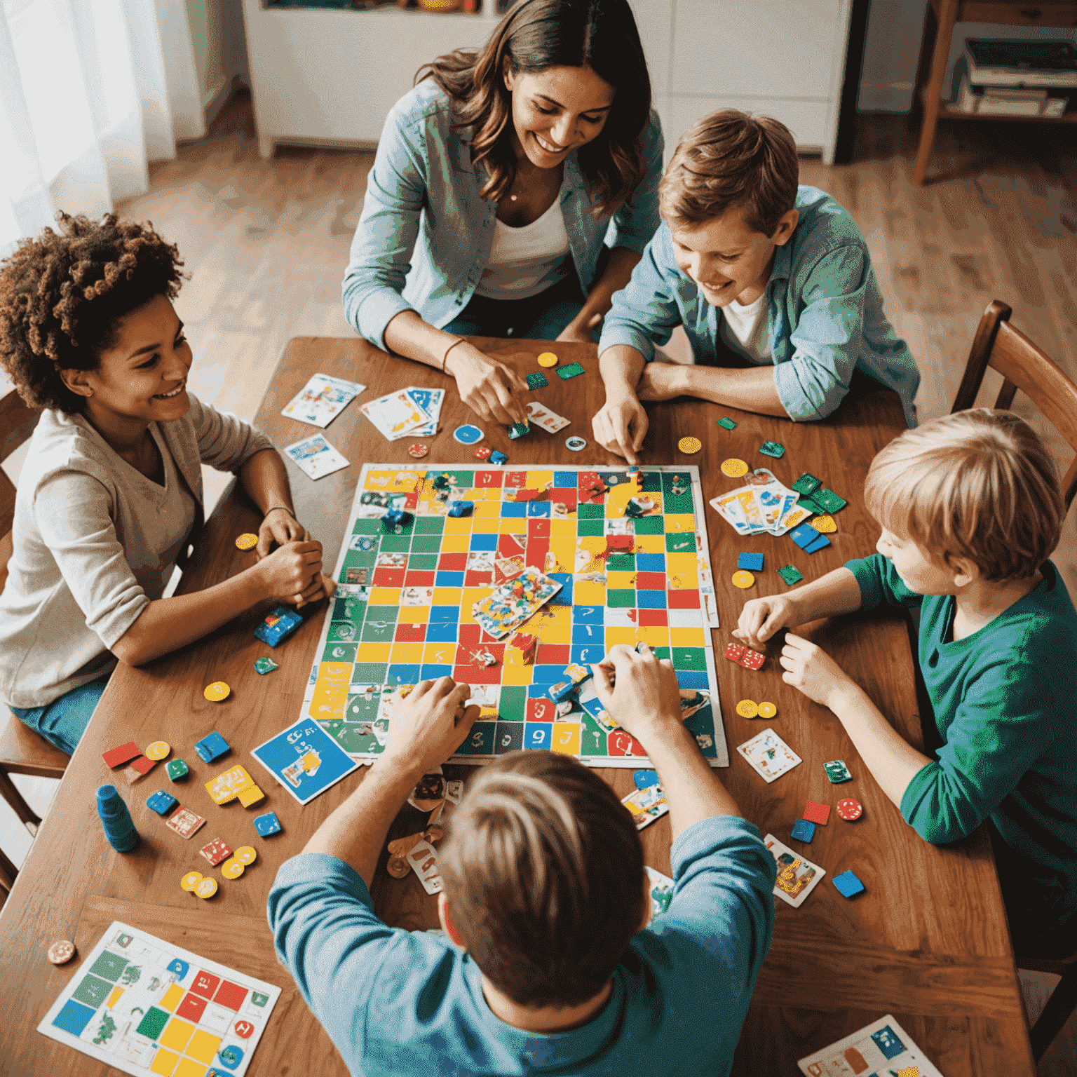 Une famille heureuse jouant à un jeu de société autour d'une table, avec des pièces colorées et des cartes éparpillées sur le plateau