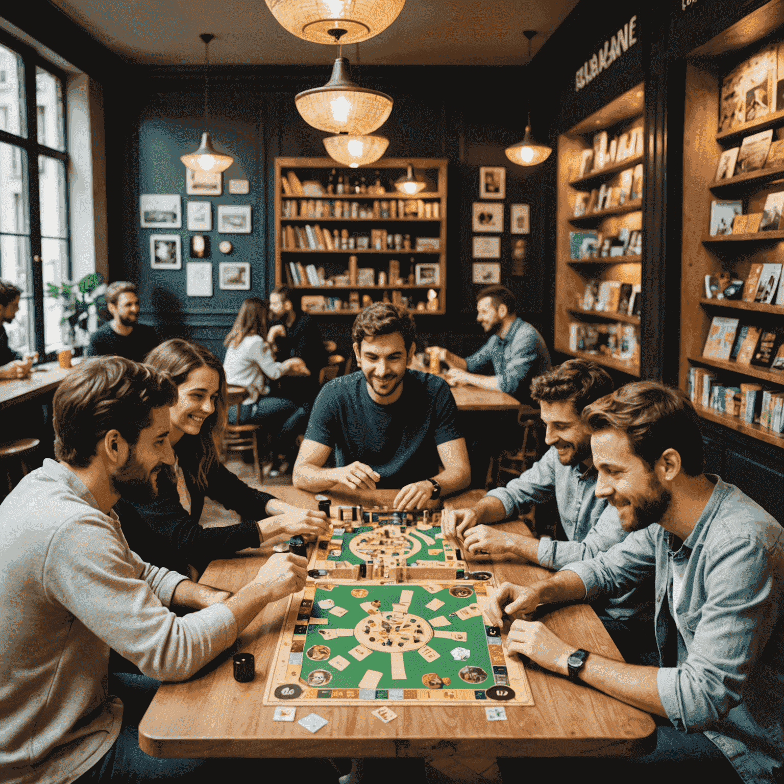 Un café jeux de société animé à Paris, avec des groupes d'amis jouant à divers jeux de plateau autour de tables en bois