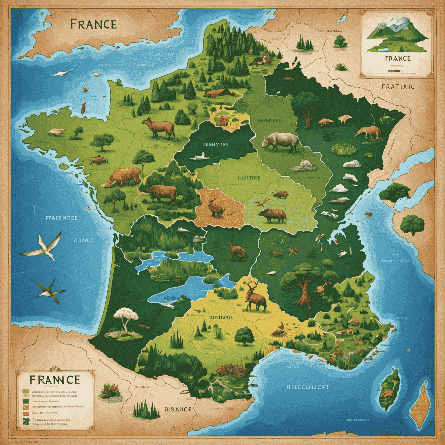 Carte de France divisée en différents biomes avec des pions représentant la faune et la flore à protéger