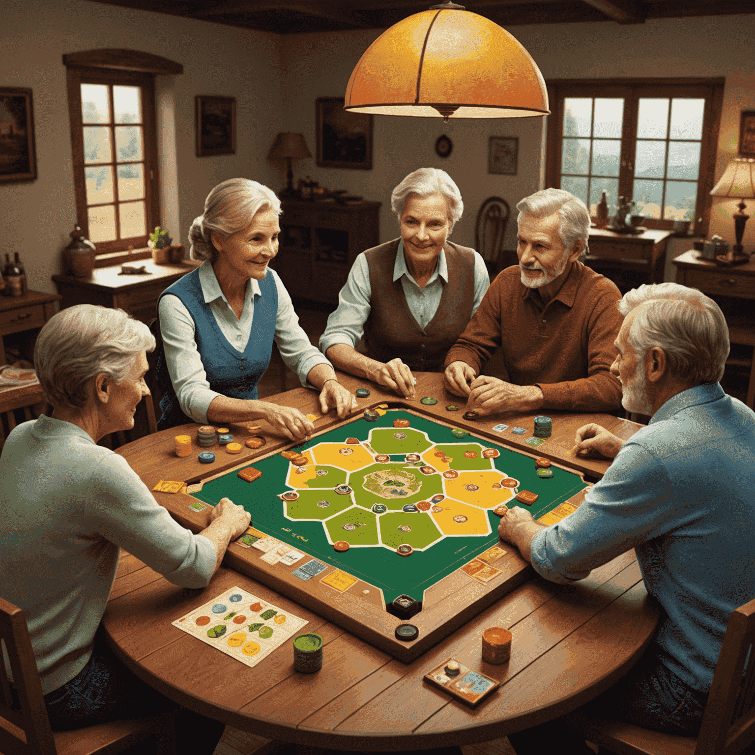 Une famille jouant à Catan autour d'une table, montrant l'aspect convivial et intergénérationnel des Eurogames