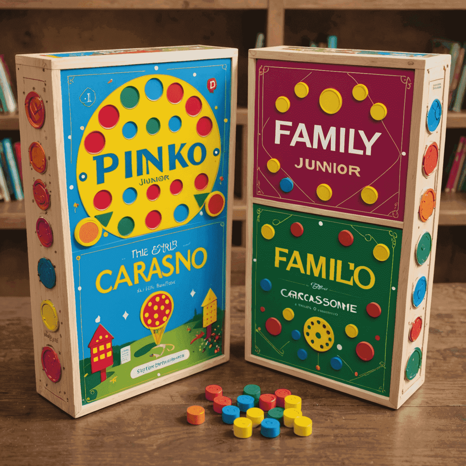 Trois boîtes de jeux colorées côte à côte : Plinko Familial, Le Petit Bac Revisité, et Carcassonne Junior