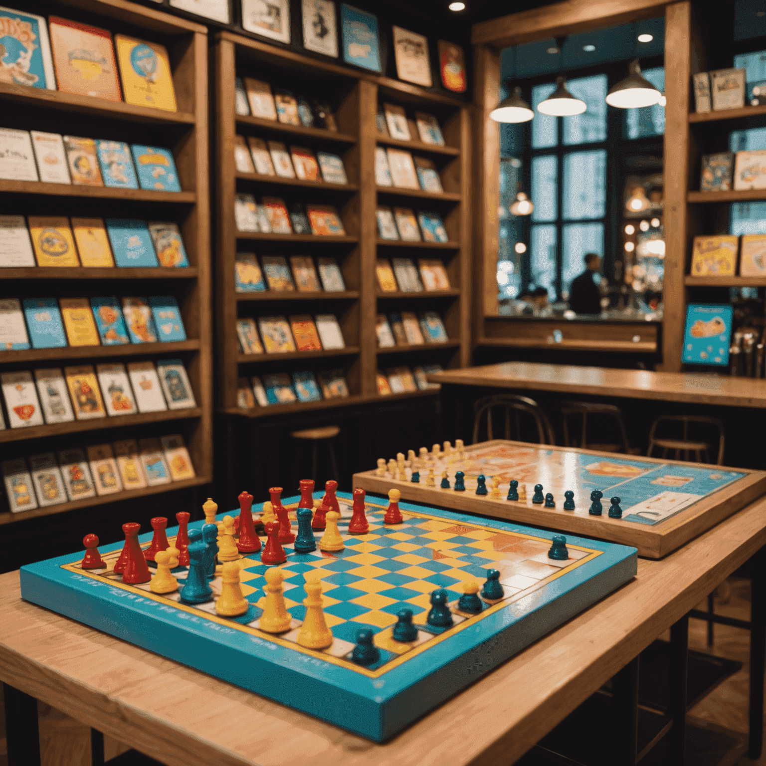 Une étagère remplie de jeux de société colorés dans un café jeux parisien, avec un focus sur un jeu de Plinko en premier plan