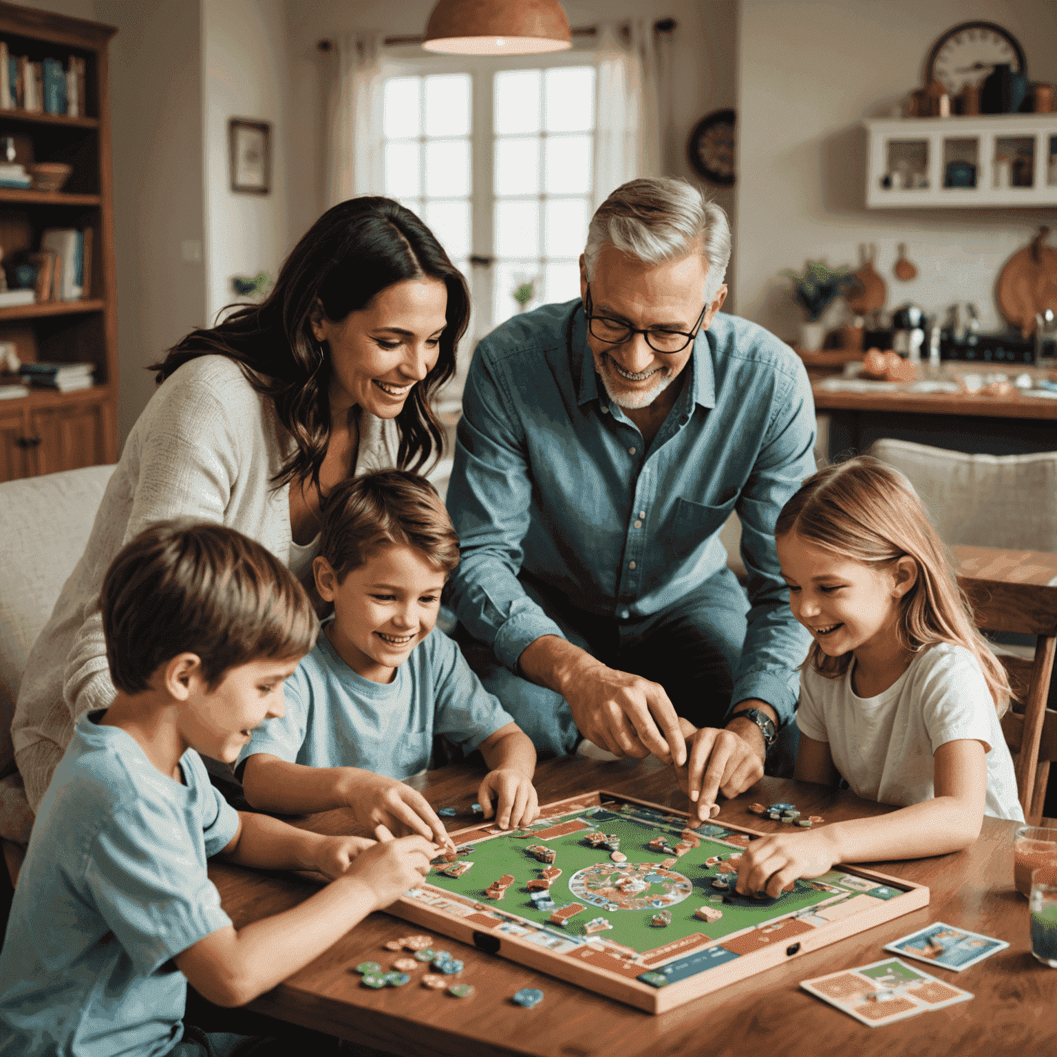 Une famille heureuse jouant à un jeu de société ensemble, avec des joueurs de tous âges autour de la table