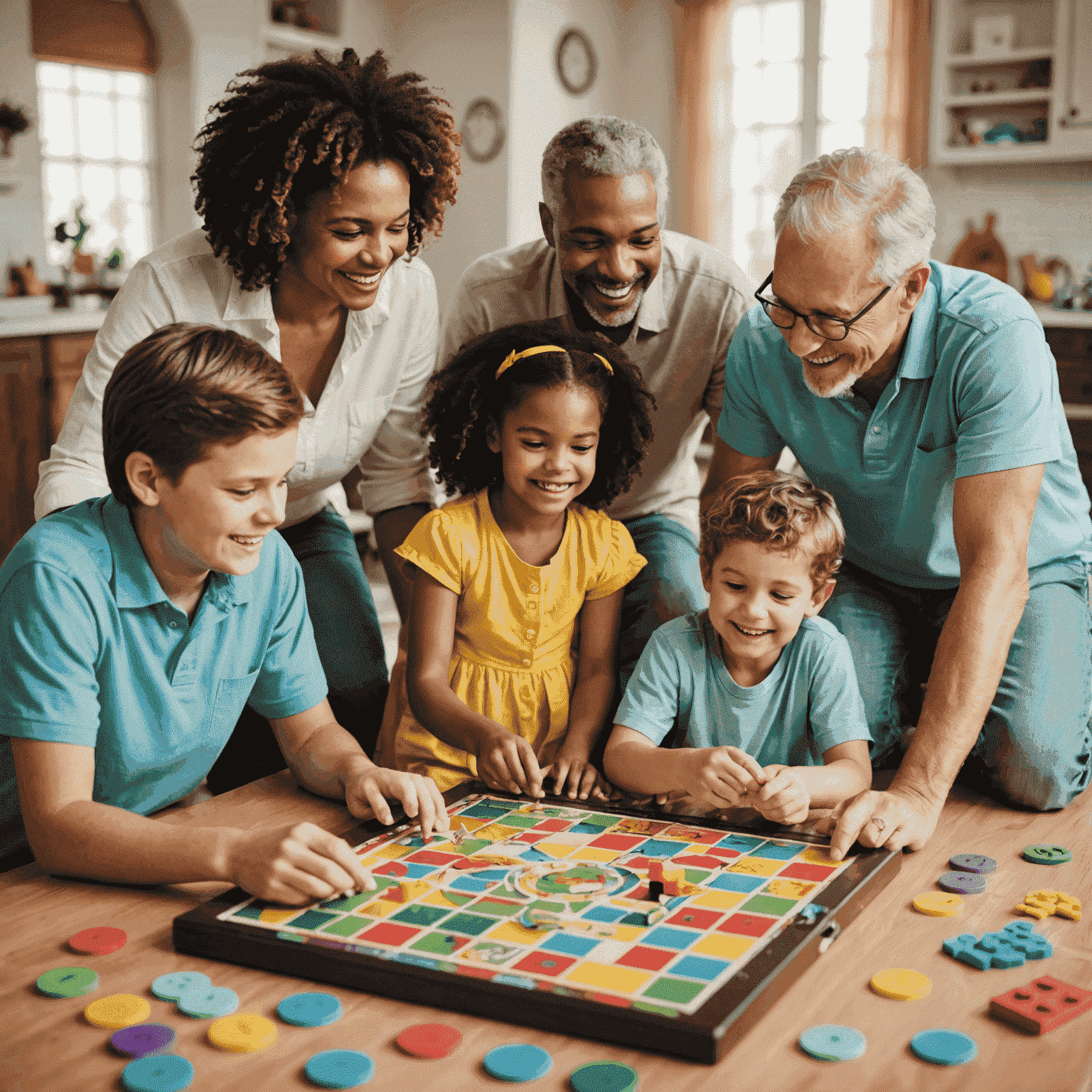 Une famille heureuse jouant à un jeu de société coloré et amusant, avec des membres de tous âges participant