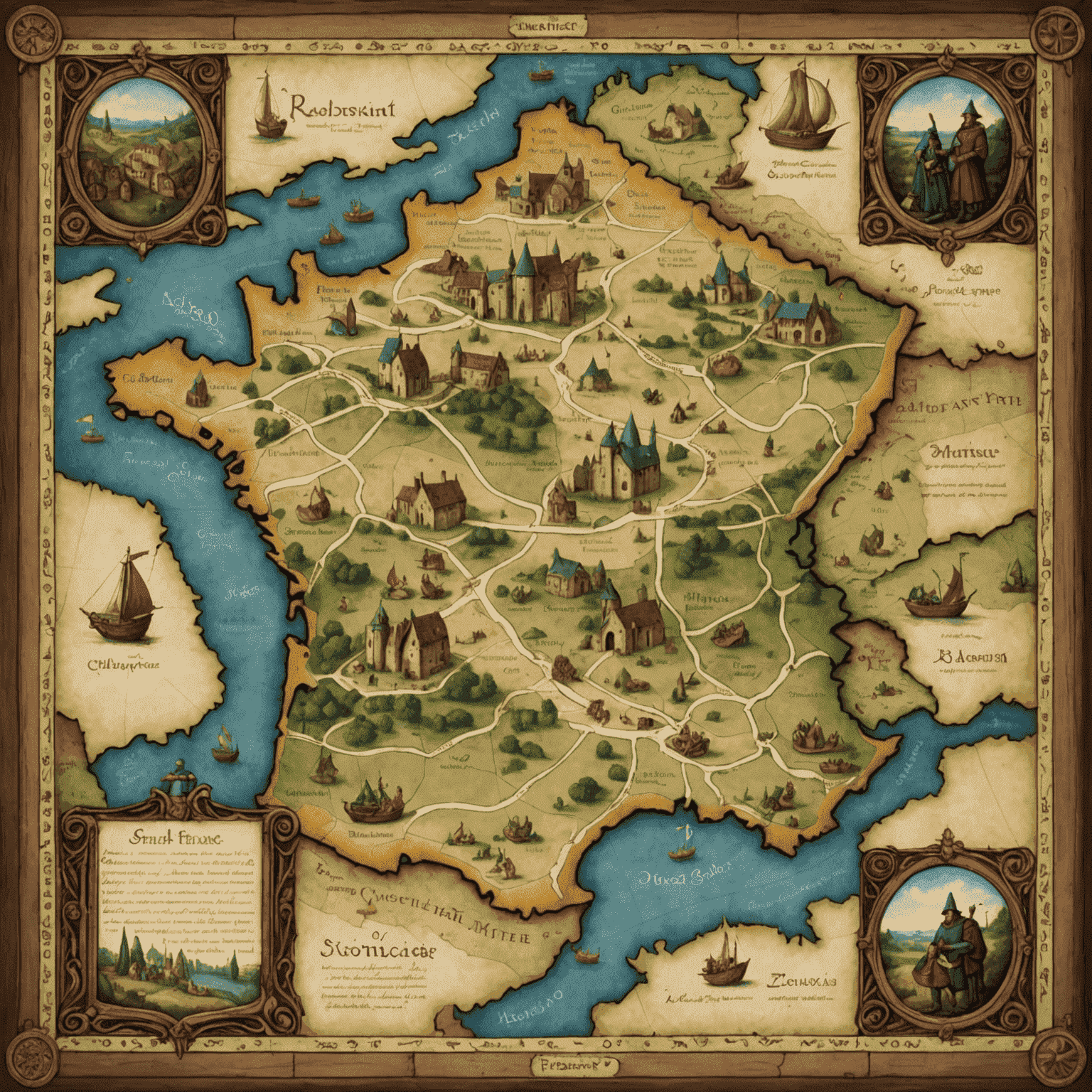 Plateau de jeu représentant une carte de la France médiévale avec des routes commerciales et des miniatures de marchands