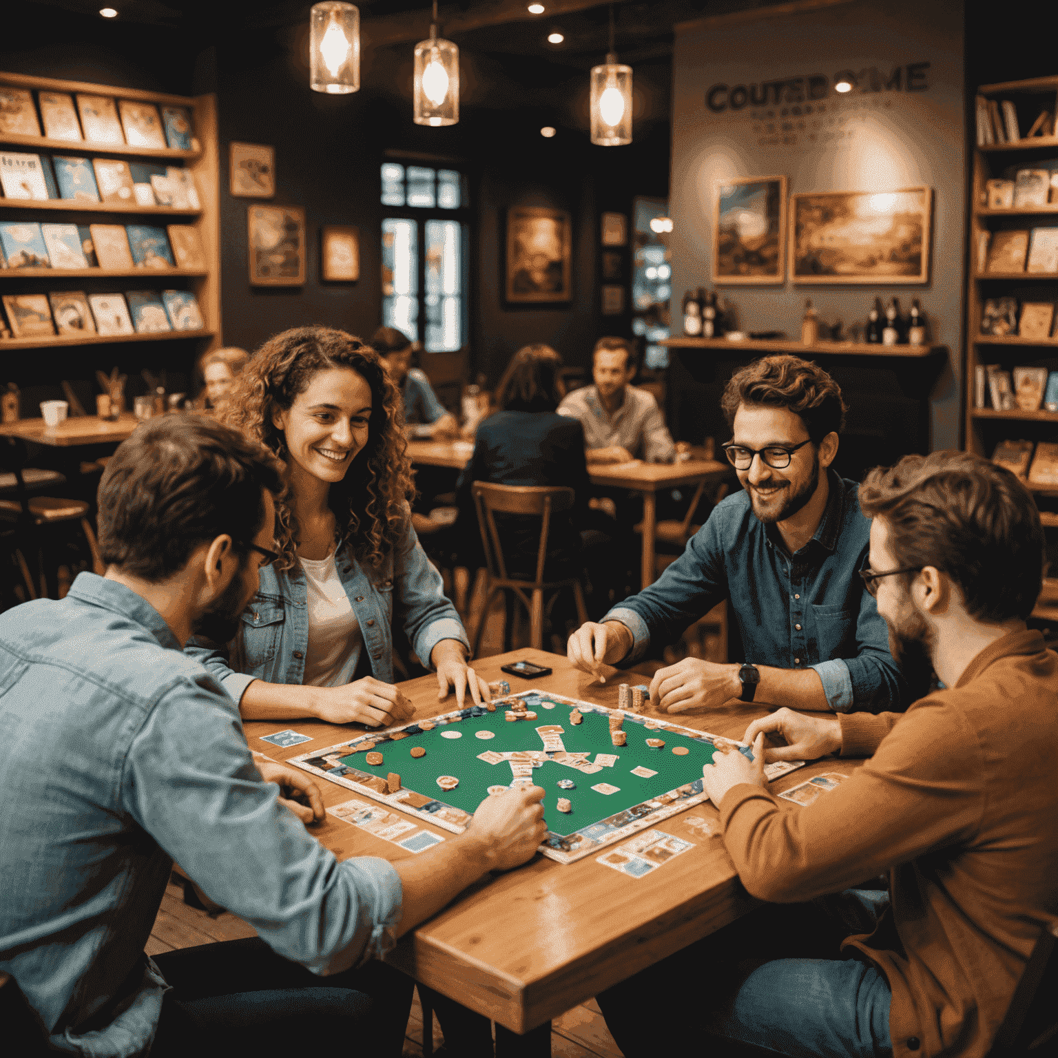 Un groupe diversifié de personnes jouant à un jeu de société dans un café jeux français, avec une ambiance chaleureuse et conviviale